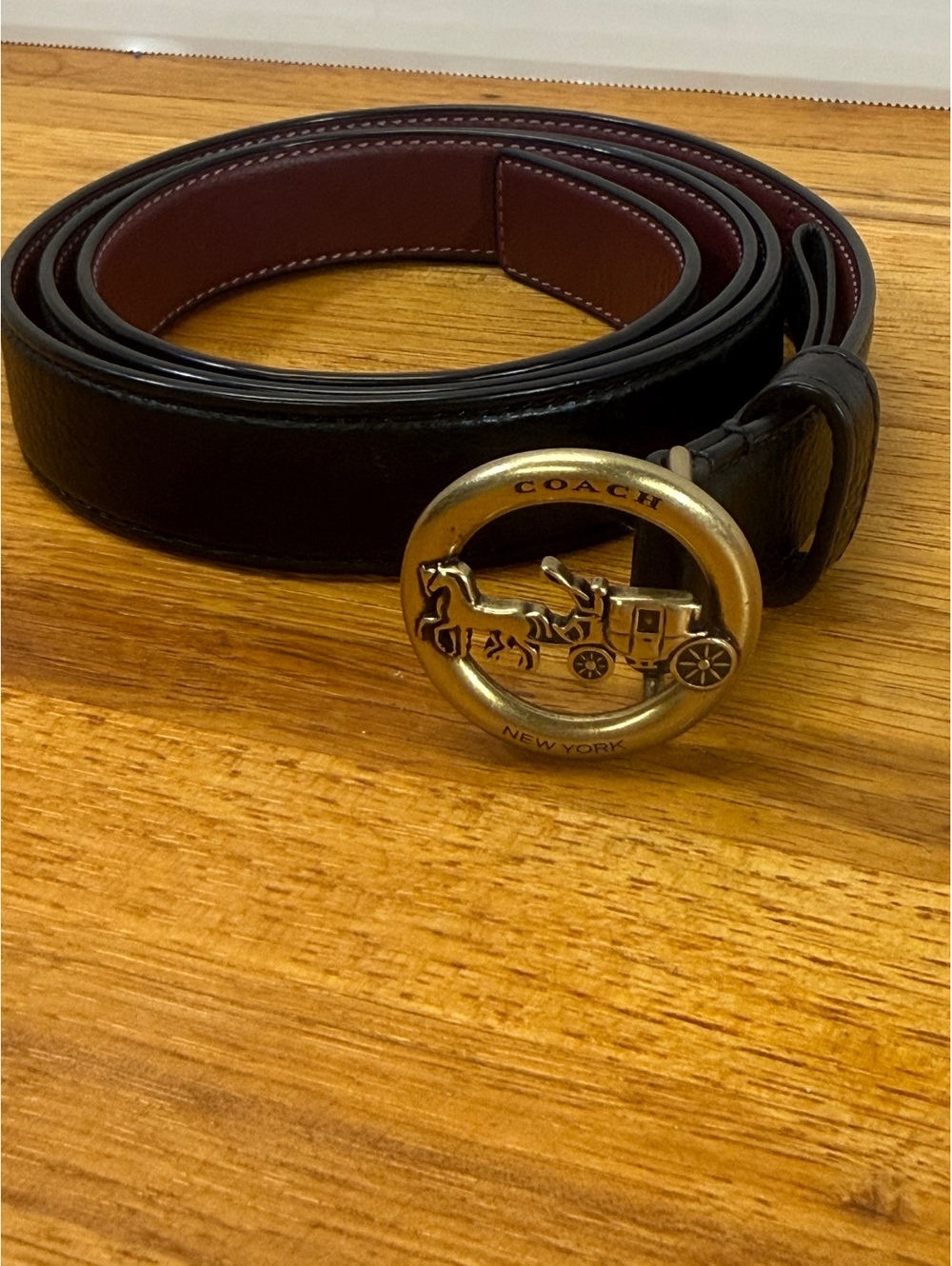 Coach Horse and Carriage Belt Womens XL Black Oxblood Leather Round Buckle Gold